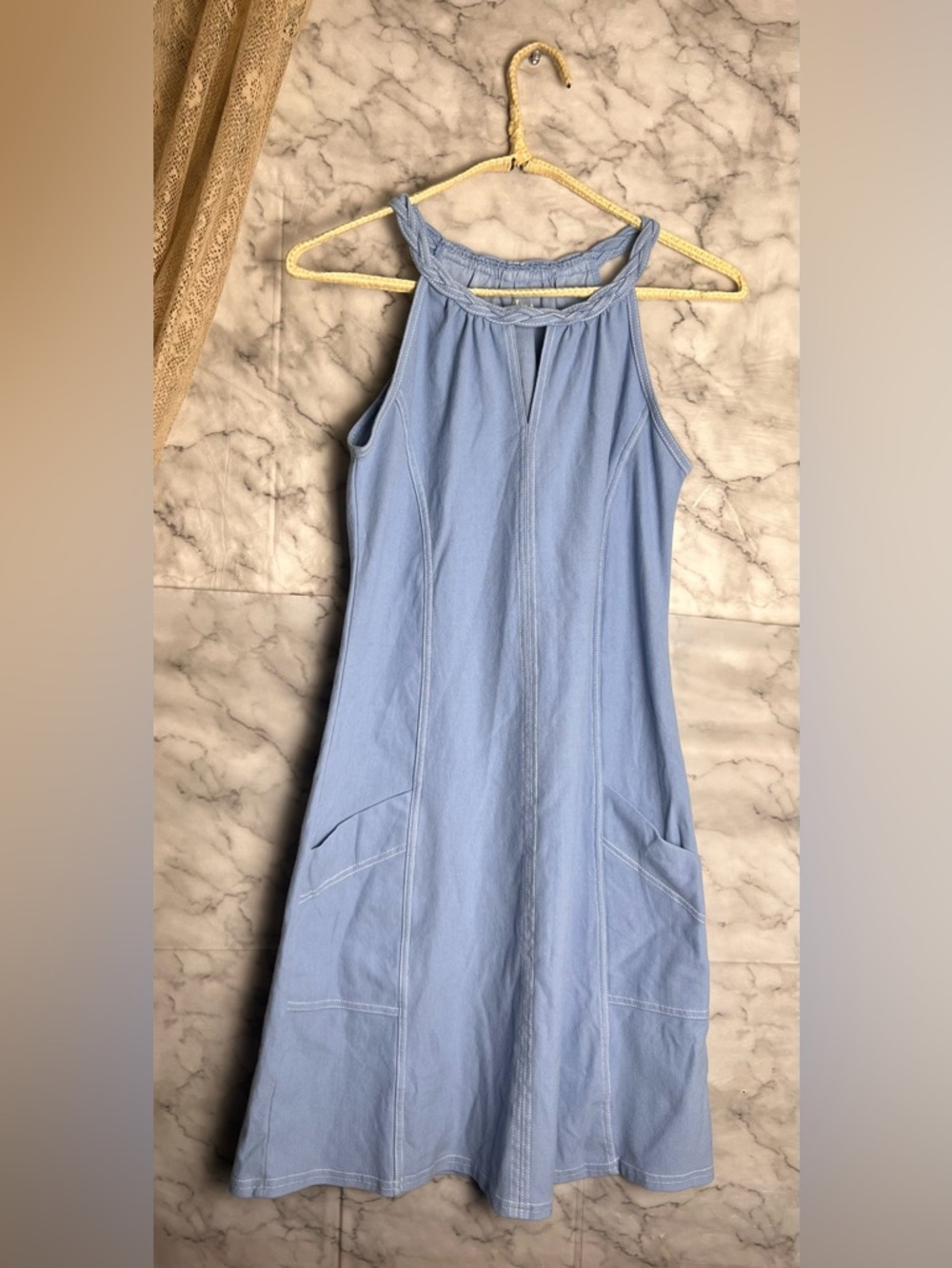 Laura H Hlavac Dusty Blue XS High Neck Twist Braid Keyhole Pocket Dress Mini